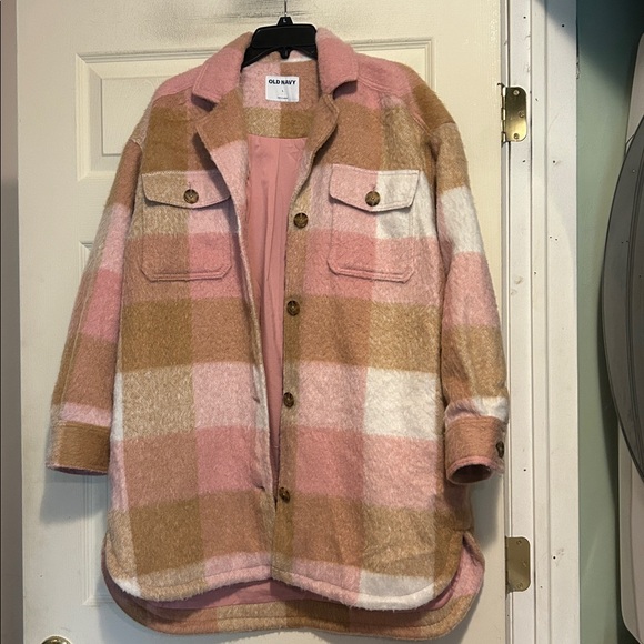 Old Navy Pink Tan and White Plaid Soft Brushed Utility Shacket Size Large - Picture 7 of 8